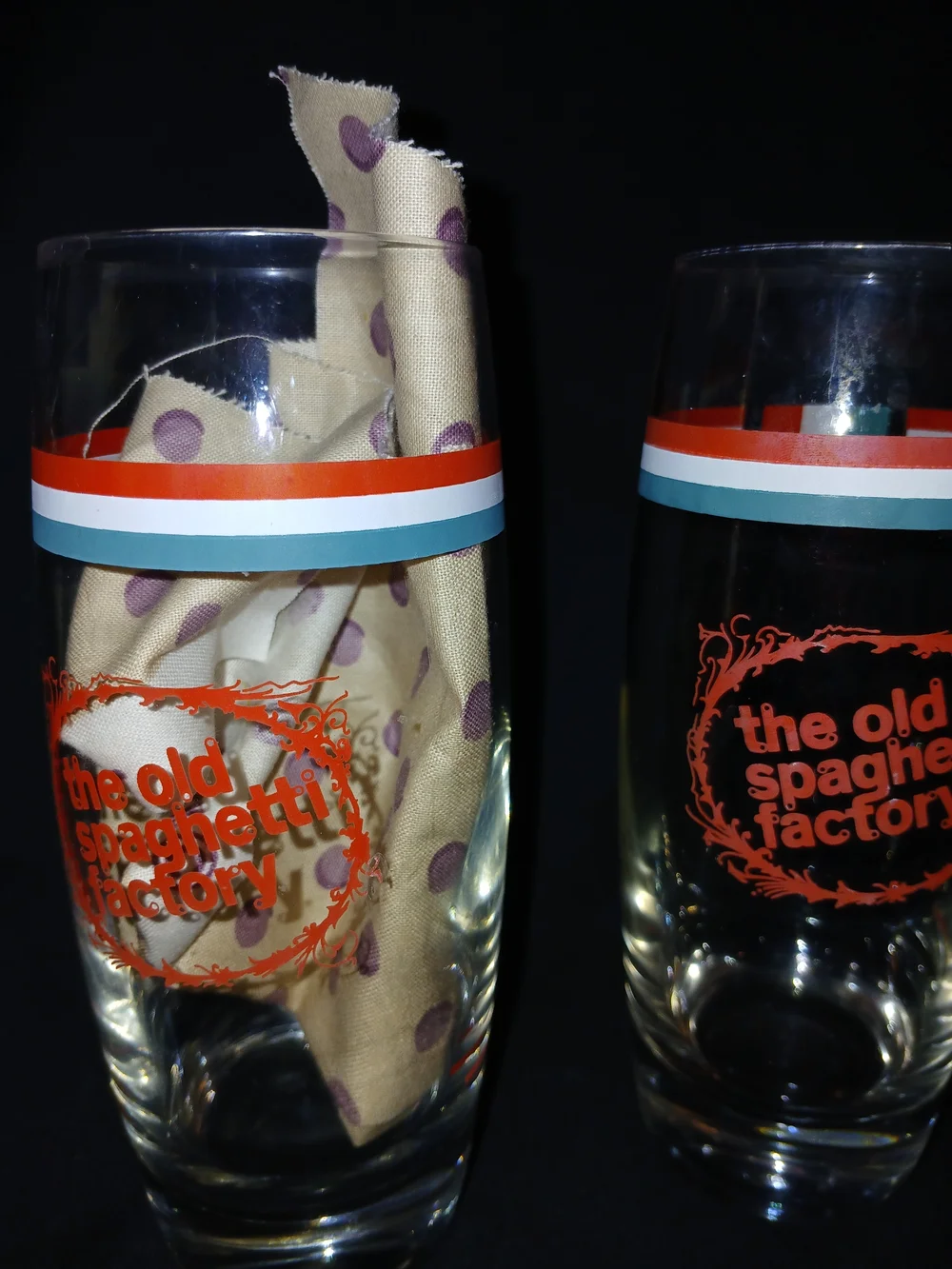 Vintage Tram-Print Tall Drinking Glasses in Red and Teal - Pair